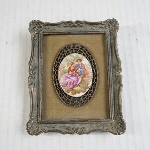 VTG Fragonard Porcelain Cameo Mini Portrait Romantic Couple Ornate Brass Frame